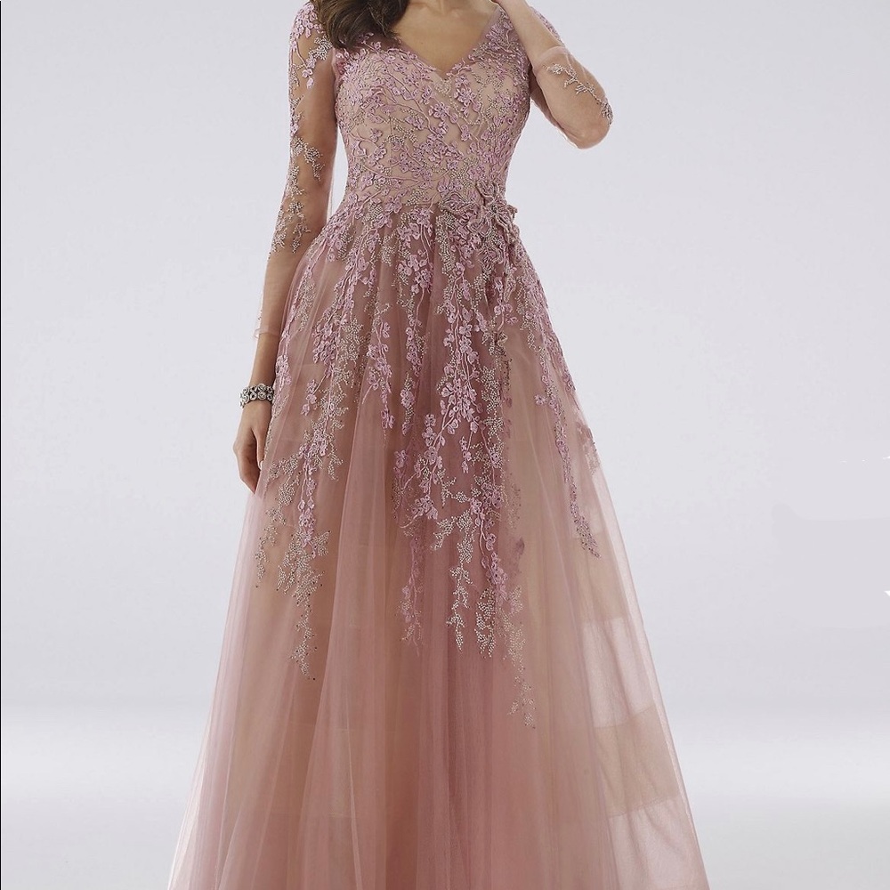 Lara Davi Floral Appliqué Lace Ball Gown
